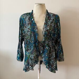 Y2K 2000s Blue Brown Dot Ruffle Chiffon Tie Front Blouse Plus Sz 2X Forest Fairy